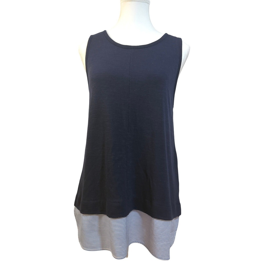 J.Crew Tank Top Women Medium Navy Blue Striped Hem Coastal Lagenlook